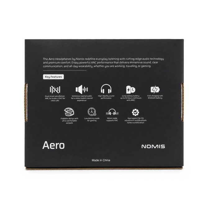 Aero by Nomis Headphones packaging featuring a black design with white text and icons. Includes brand logo.