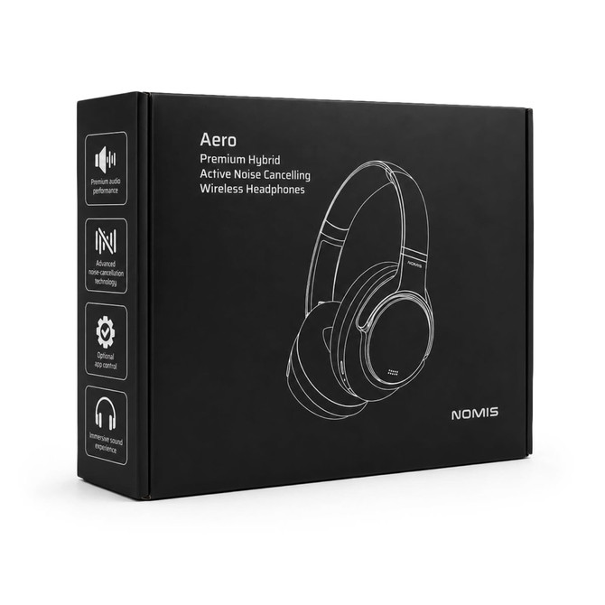 Aero by Nomis headphones in a black box, featuring a logo and illustrations of the headphones.