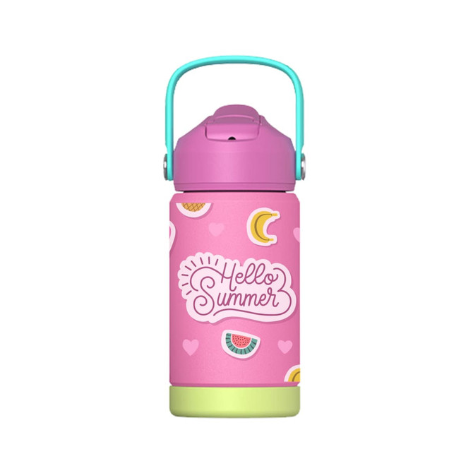 A drink bottle with a pink body, featuring fruit illustrations and a blue handle. It has a logo on the front.
