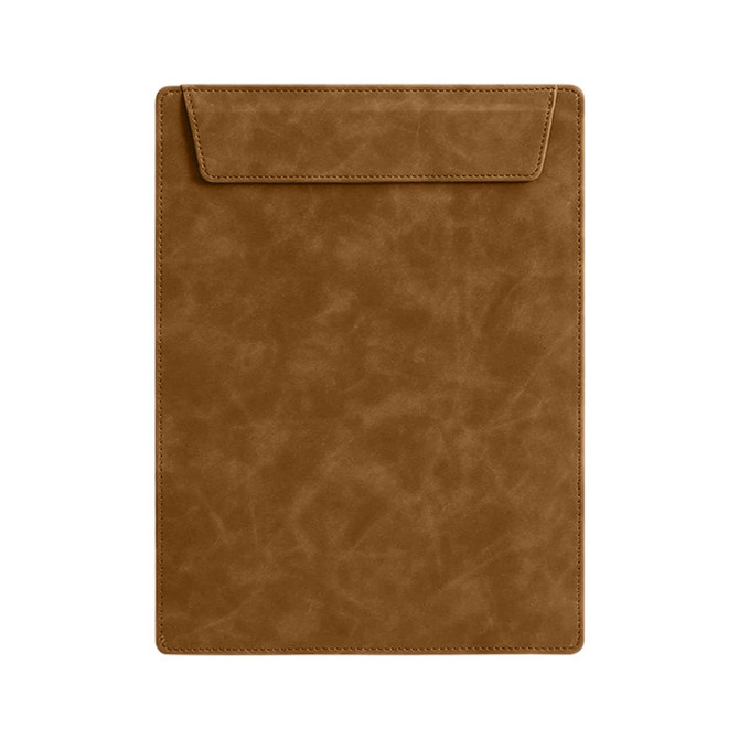 A4 magnetic clipboard in a warm brown leather-like finish, featuring a simple, smooth design with a top flap.