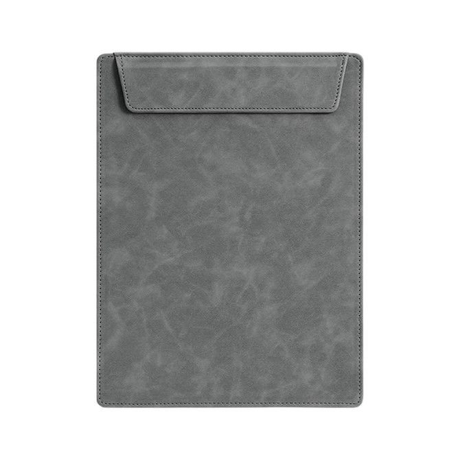 A4 magnetic clipboard in grey with a smooth texture and a flap closure. Features a logo on the surface.