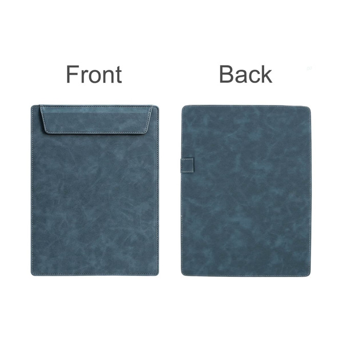 A4 magnetic clipboard in dark blue with a flap on the front and a smooth back, featuring a logo.