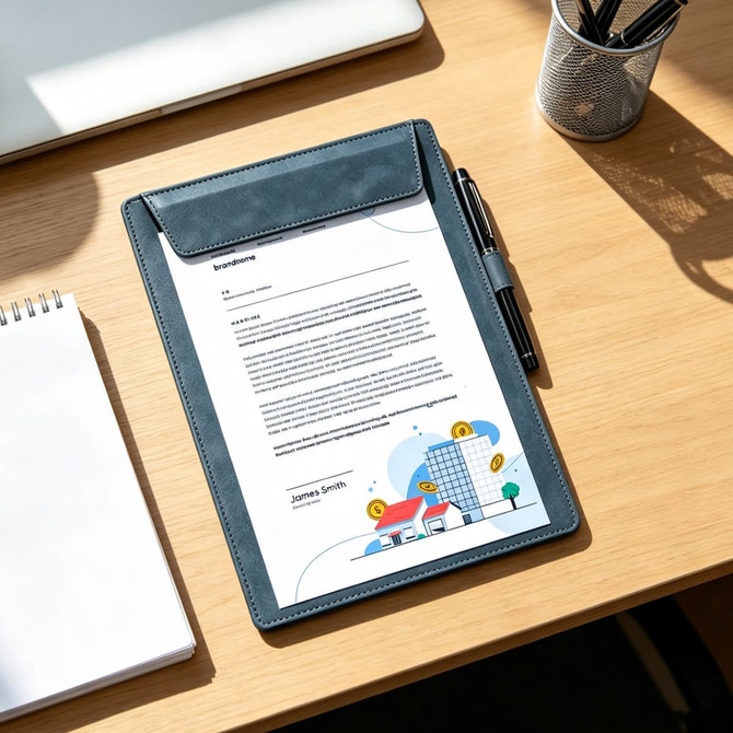 A4 magnetic clipboard in dark blue with a document and pen, placed on a wooden desk beside a notepad and laptop.