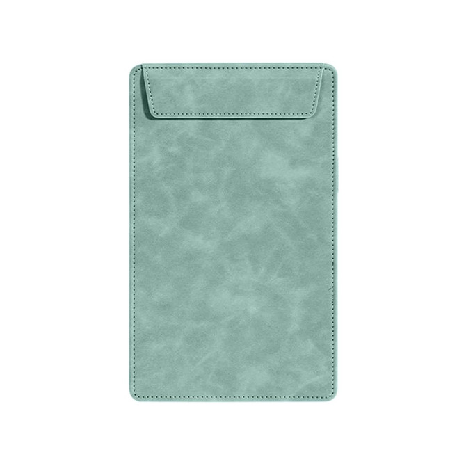 A5 magnetic clipboard in a soft green colour with a textured surface and a pocket flap at the top.