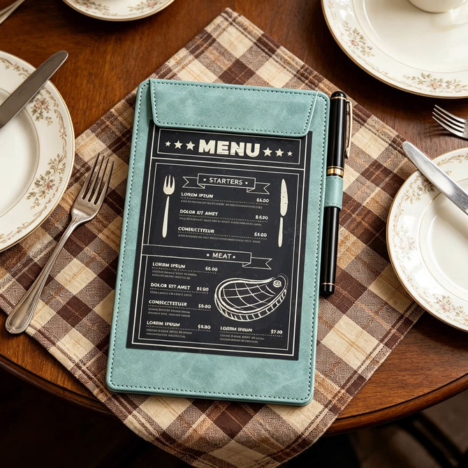 A5 magnetic clipboard in teal with a menu design, placed on a patterned tablecloth beside a pen and plates.