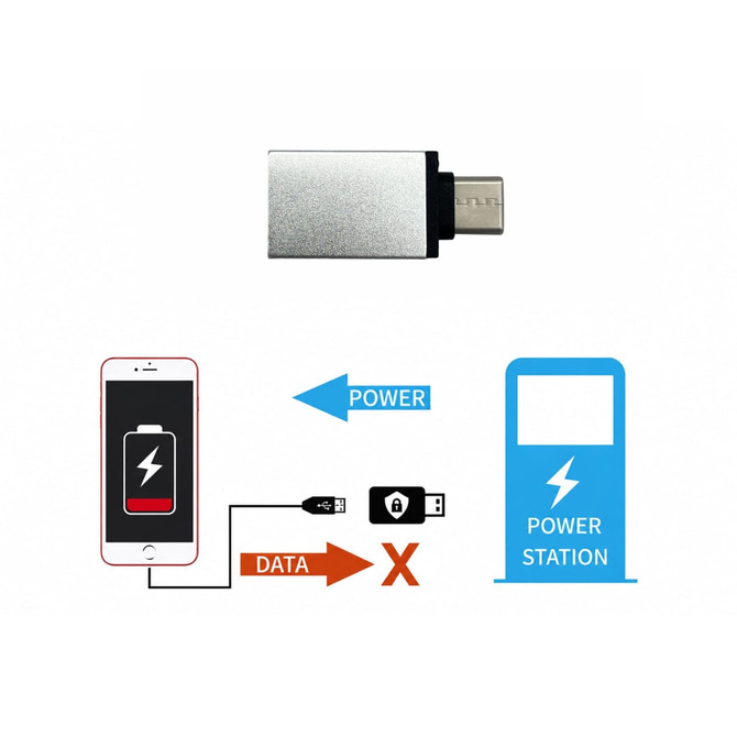 A silver USB data blocker with a black end, designed for charging devices without data transfer.