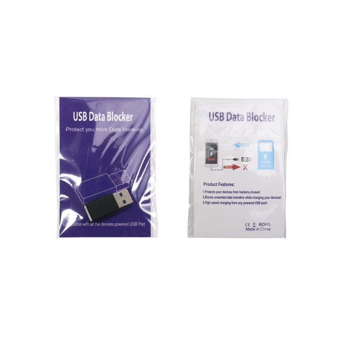 A USB data blocker in a clear plastic packaging. The product features a purple design with a logo.