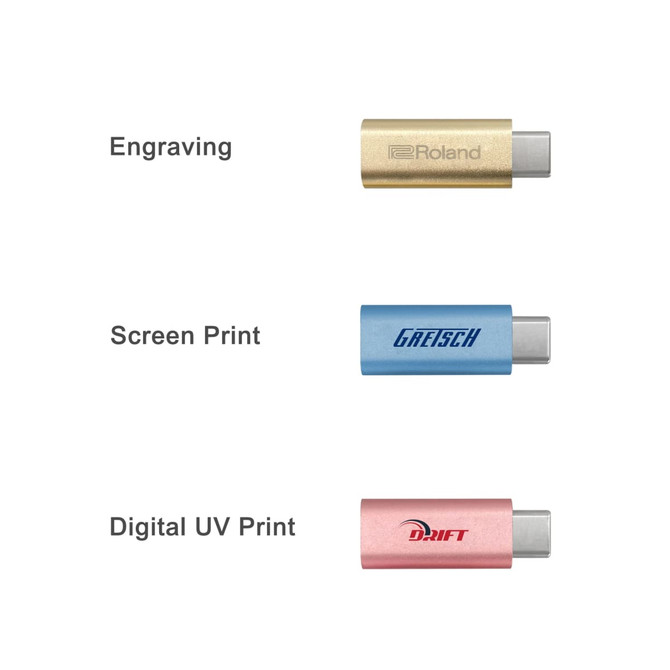 A collection of USB data blockers in gold, blue, and pink, featuring different printing options. Each has a logo.