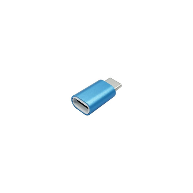 A blue USB data blocker device with a metallic finish. It features USB-C connectors on both ends.
