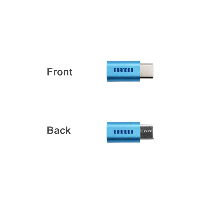 A blue C to C USB data blocker with a logo, showing both front and back views.