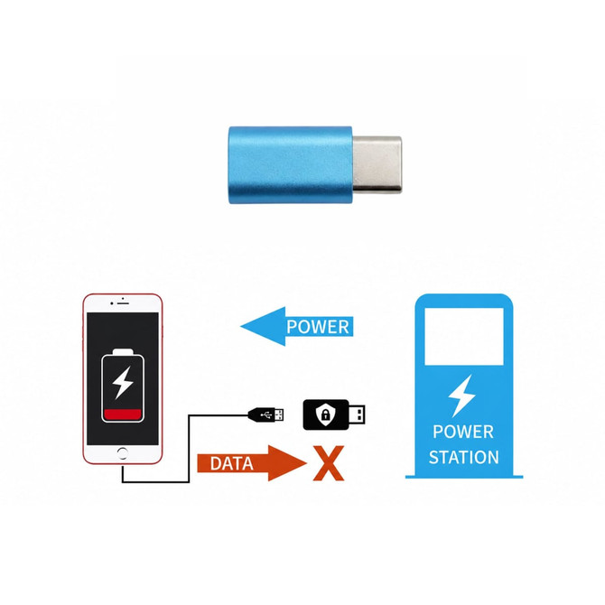 A blue USB data blocker with a grey USB-C connector, accompanied by graphics showing power and data symbols.