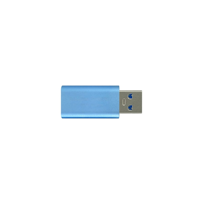 A blue USB data blocker with a metallic finish and a USB connector. Features a logo on the body.