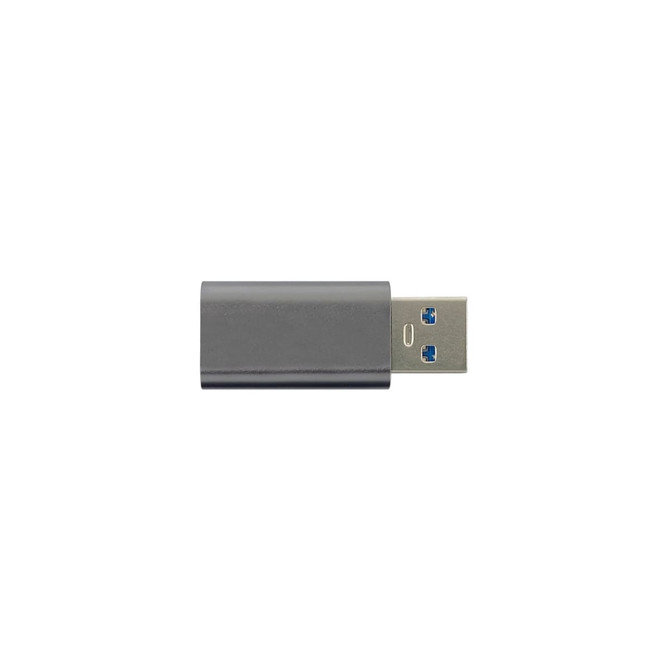 A USB data blocker in grey, featuring a standard USB connector and a USB-C port.
