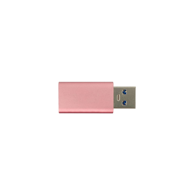 A pink A to A USB data blocker for fast charging with a metallic finish. Features a USB connector.