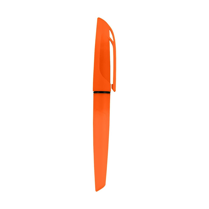 An orange highlighter pen with a sleek design and clip, featuring a subtle logo.