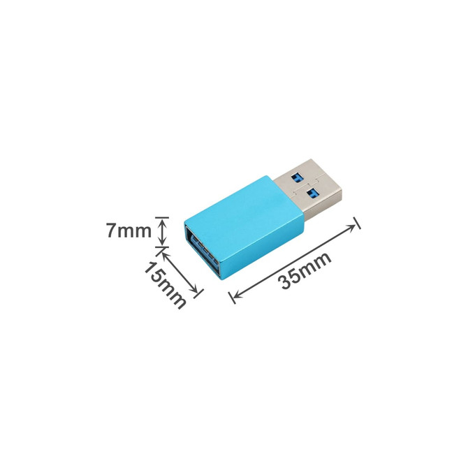 A blue USB data blocker with silver connectors, measuring 35mm by 15mm by 7mm.