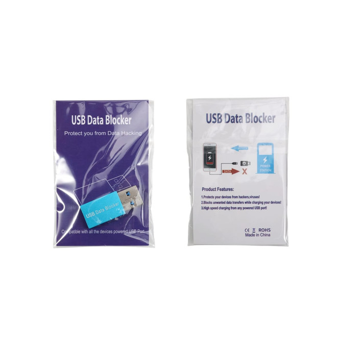 A USB data blocker in a transparent package, featuring a light blue and silver design. It has a logo on the packaging.