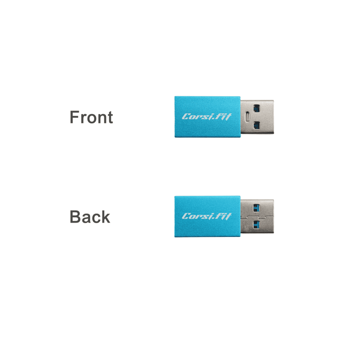 A blue USB data blocker with a metal connector, displayed from the front and back. It features a logo.