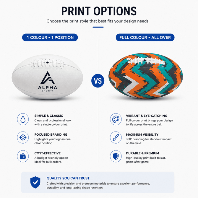 A standard AFL training ball in white with a classic design and a vibrant multicoloured pattern option, featuring a logo.