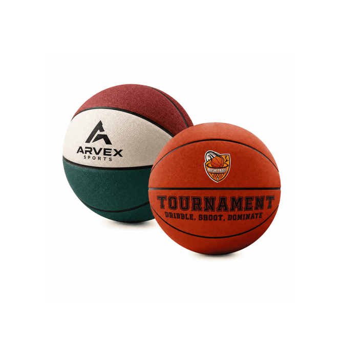 A children's basketball in orange with a logo, alongside a green and red basketball with a brand logo.