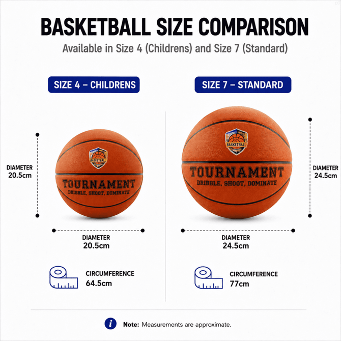 A basketball size comparison featuring a Size 4 children's basketball in orange alongside a Size 7 standard basketball.
