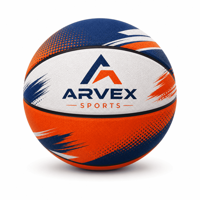 A children's basketball in vibrant orange, blue, and white, featuring a logo. Size 4.