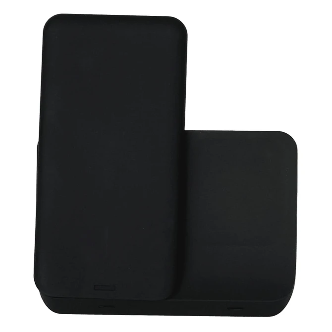 A black 3 in 1 wireless charger with a sleek design, featuring a branding logo.