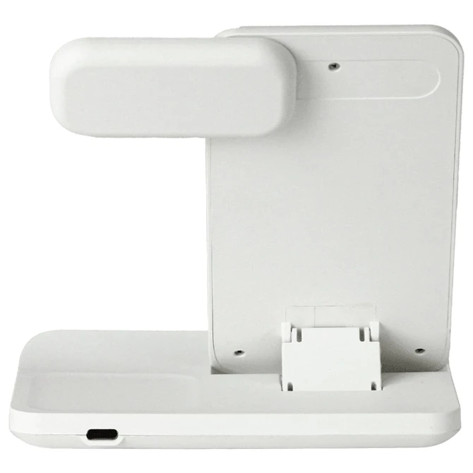 A white 3-in-1 wireless charger with a detachable section and a compact design. It features a logo on its surface.