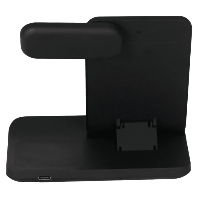 A black 3-in-1 wireless charger stand with a vertical holder for devices and a base for charging.
