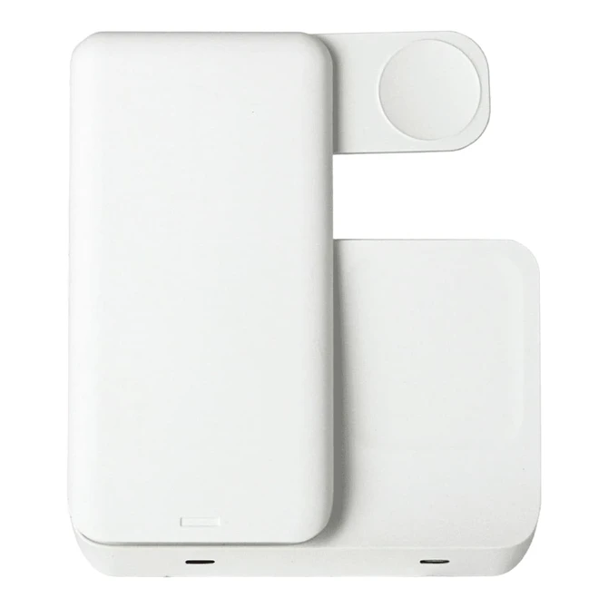 A white 3 in 1 wireless charger with a compact design and multiple charging surfaces, featuring a logo.