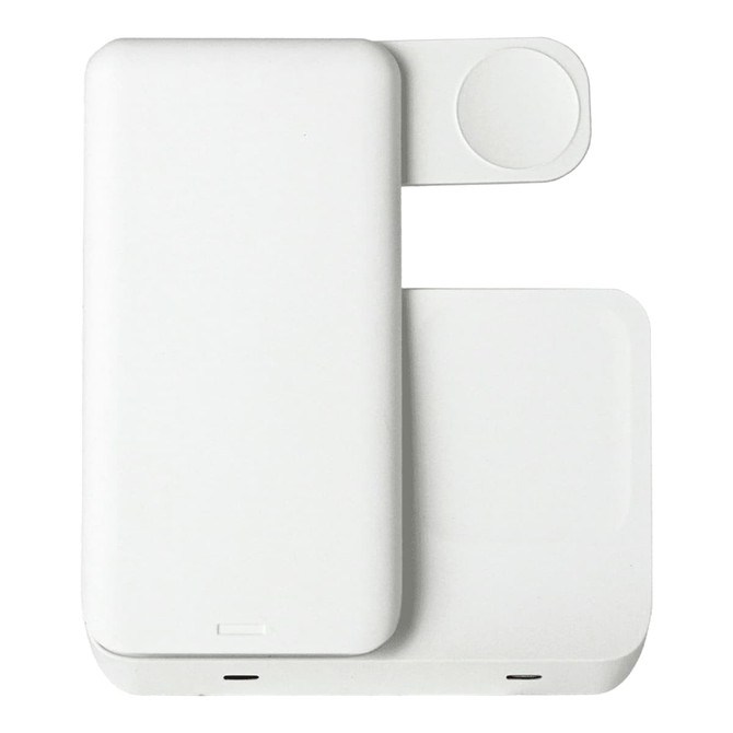 A white 3 in 1 wireless charger with a compact design and multiple charging surfaces, featuring a logo.