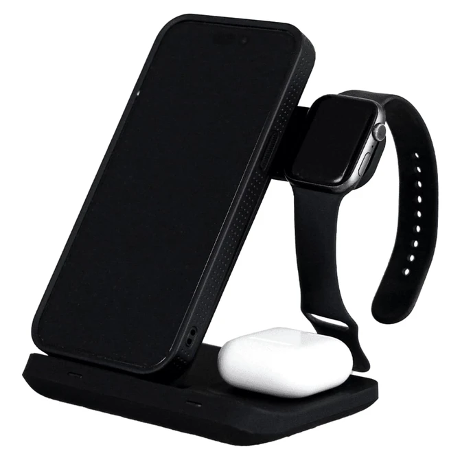 A black 3 in 1 wireless charger featuring a phone stand, an Apple Watch holder, and a space for earbuds.