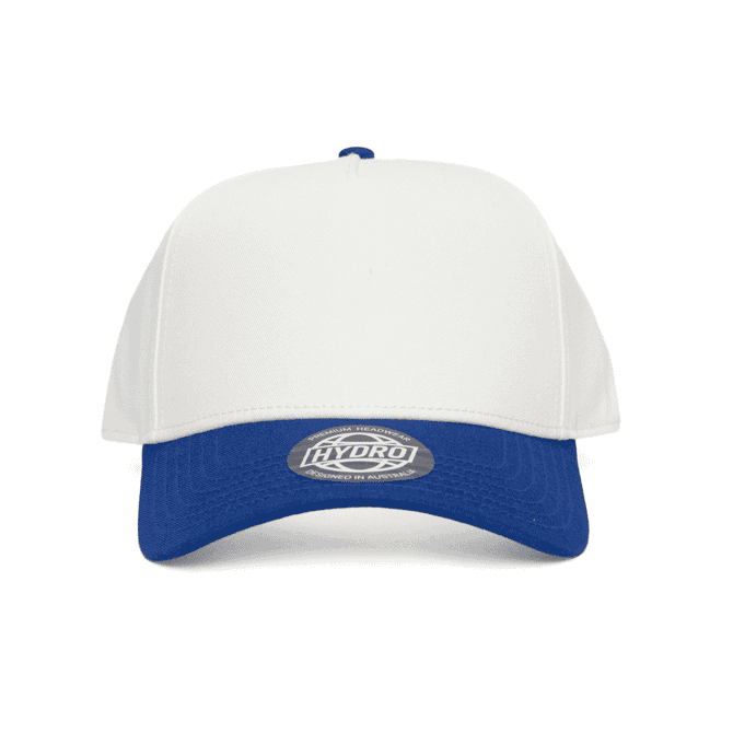 A two-tone cap featuring a white front and a blue brim. It has a logo on the front.