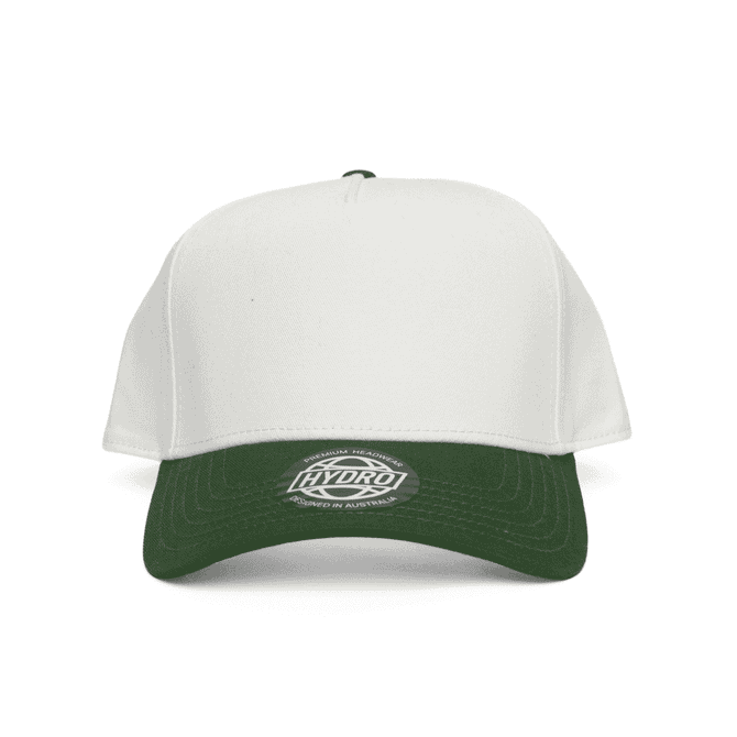 A two-tone cap featuring a white crown and a dark green peak, with a brand logo on the front.