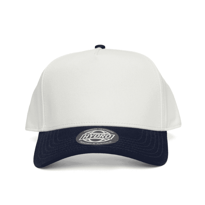 A two-tone cap featuring a white crown and a navy peak. It has a logo on the front.