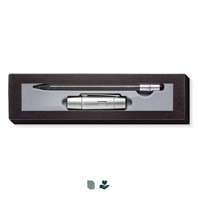 A pencil set featuring two items in a sleek black box, with a silver design. Includes a pen and a stylus.