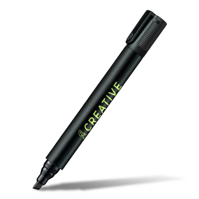 A permanent marker with a chisel tip, featuring a black body and a green accent, including a logo.
