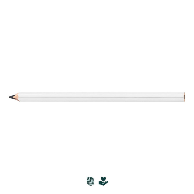 A carpenter's pencil in white with a sharpened point, featuring a simple design and branding.