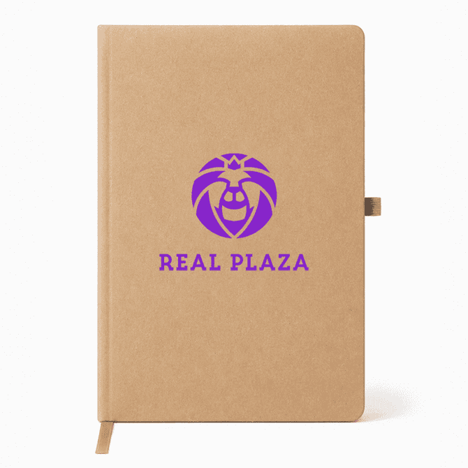 A tan A5 notebook featuring a purple logo on the front cover. The notebook includes a closure strap.