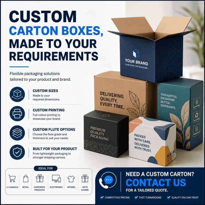 A variety of small carton boxes in different colours, featuring a logo and promotional text on packaging solutions.