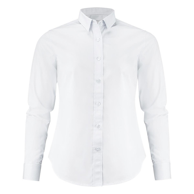 A white women's shirt with a button-up front and long sleeves, featuring a collar and a subtle logo.