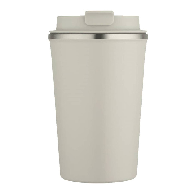 A drink bottle featuring a cream-coloured double wall design with a stainless steel rim and a lid. It has a logo.