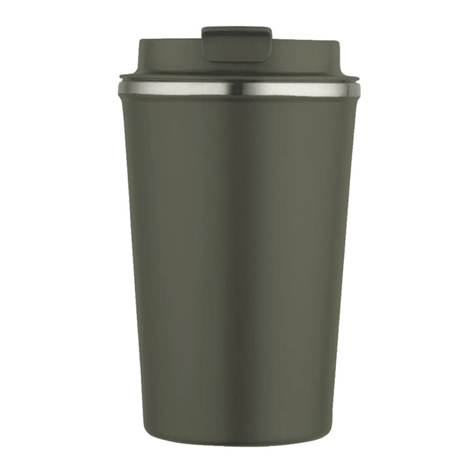 A drink bottle in a matte olive green colour with a stainless steel lid and a logo.