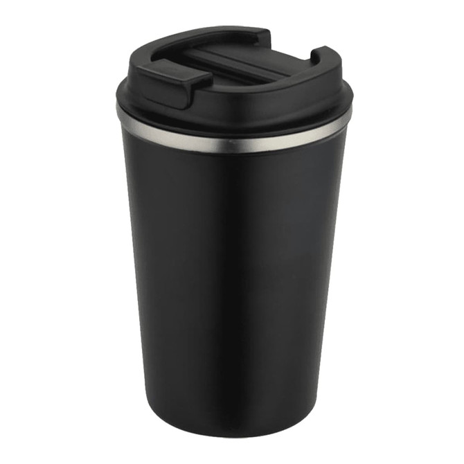 A drink bottle with a double-wall design, featuring a black exterior and a silver band around the top. It has a lid and a logo.