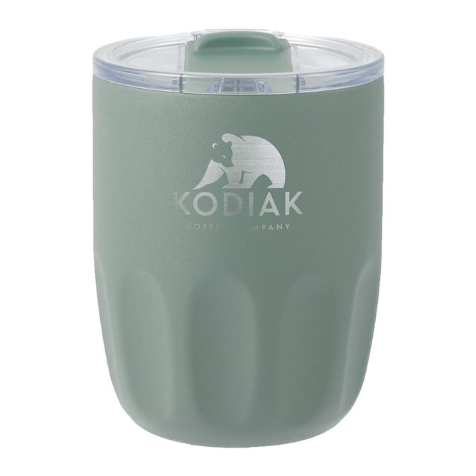 A drink bottle with a matte green finish, featuring a ceramic liner and a transparent lid. It has a logo on the front.