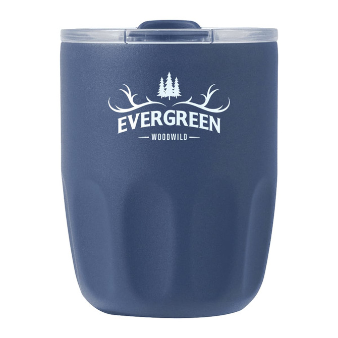 A drink bottle in navy blue with a matte finish and a clear lid, featuring a logo on the front.