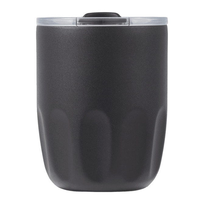 A drink bottle in matte black with a clear lid, featuring a logo on the side. The design is sleek and modern.