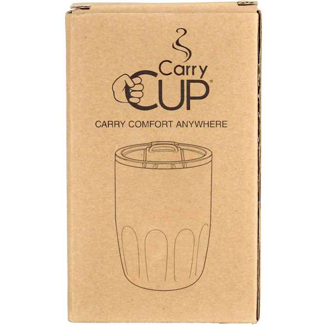 A brown cardboard box containing a vacuum coffee cup with a ceramic liner. The packaging features a logo.