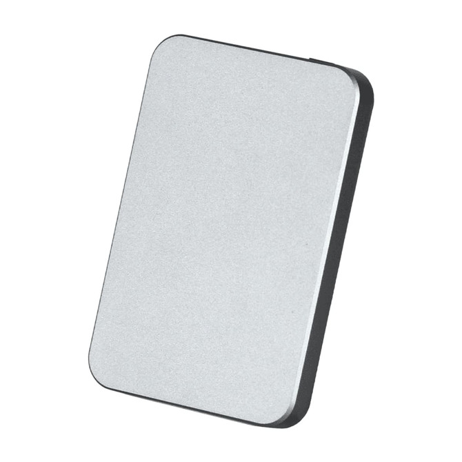 A silver power bank with a sleek design and rounded edges, featuring a branding logo.