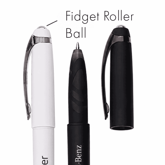 A Fidget Gel Pen in white and black, featuring a roller ball tip and a sleek design with a logo.